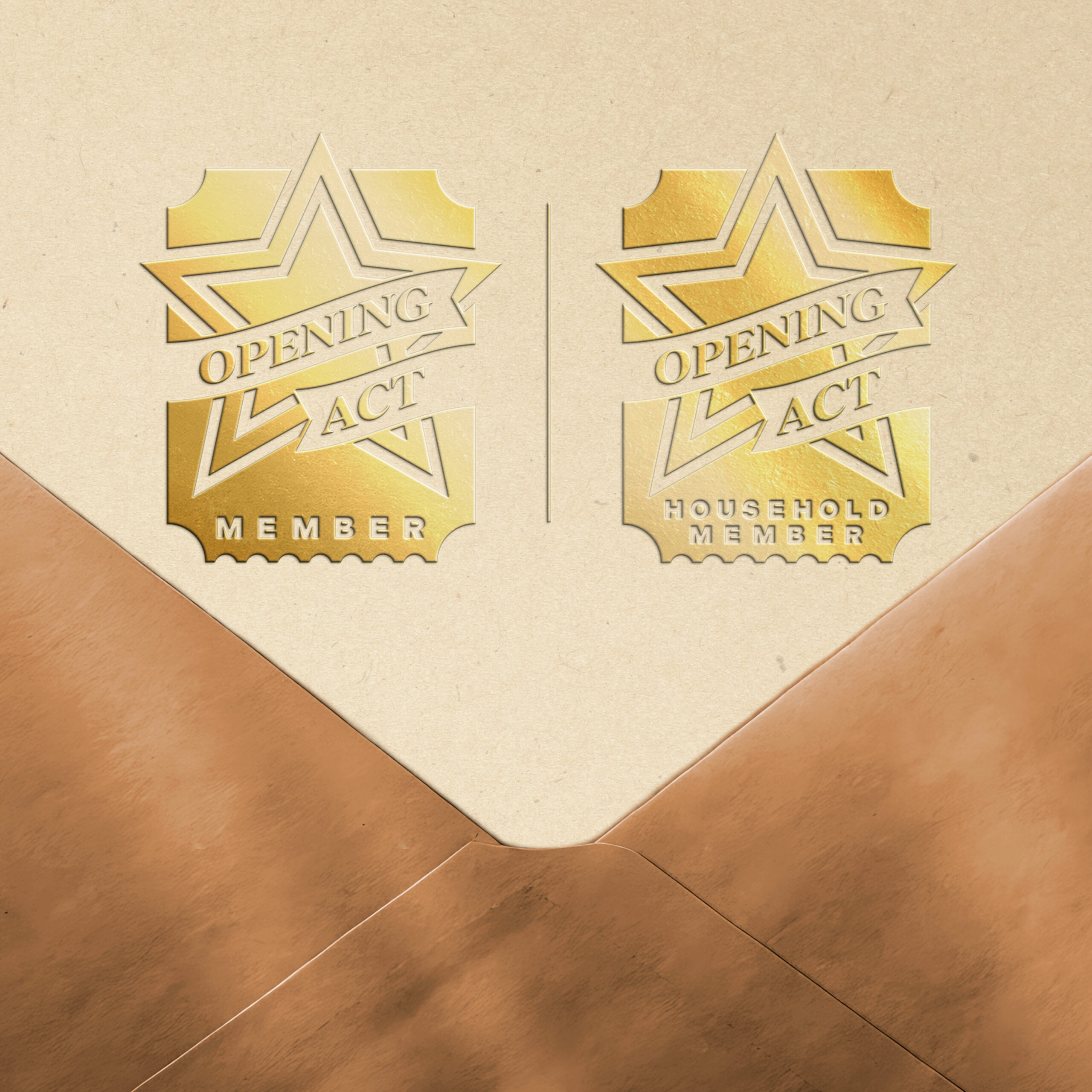 Logos for both Opening Act membership and Opening Act Household membership appearing inside an invitation envelope.