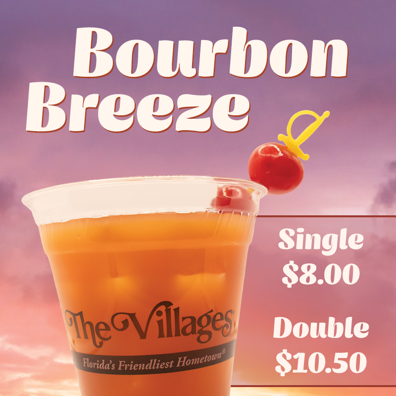 Entertainment's September drink special, "Bourbon Breeze," is pictured in front of a island background and a sunset of purple, pink, and orange sky. The drink is eight dollars for a single and ten dollars and fifty cents for a double.