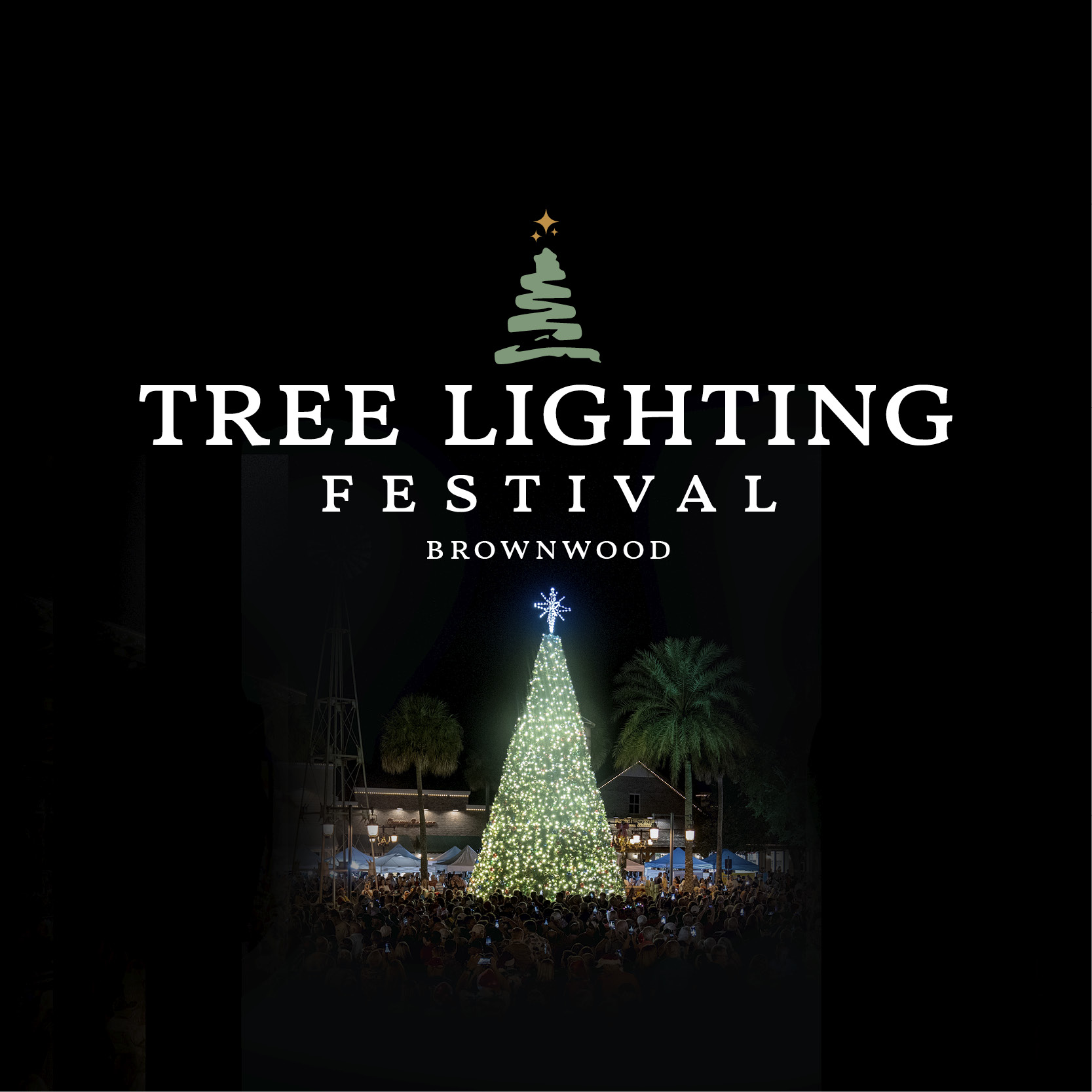 "Tree Lighting Festival - Brownwood" Vignette around a photo of a lit Christmas tree surrounded by people in Brownwood.