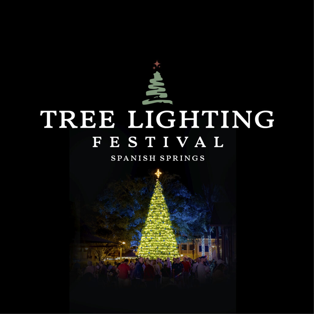 "Tree Lighting Festival - Spanish Springs" Vignette around a photo of a lit Christmas tree surrounded by people in Spanish Springs.