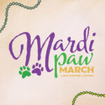 Mardi Paw March, Lake Sumter Landing. A large logo (including the title of the event with two pawprints, all varying in colors purple, green, and yellow) is centered. Illustrated Mardi Gras beads embellish the top left and the bottom right corners.