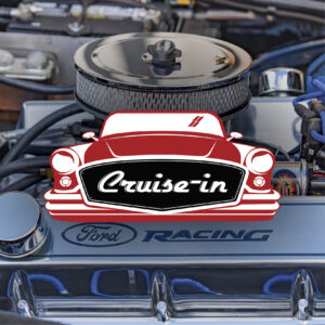 Cruise-In logo over the engine bay of a Ford Car