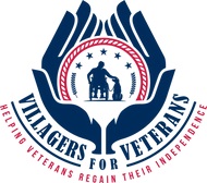 blue hands cradle a red and blue seal displaying a person in a wheelchair, petting a dog.
