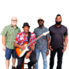 Bobby Blackmon sits on a stool, holding a guitar, with his 4 bandmates. (Background is transparent).