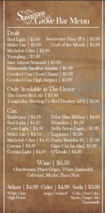 A bar menu with drink options under categories draft beer, Sawgrass Grove exclusive beers, canned beers, wine, seltzers, cider, and soda. The text is white and the background resembles antique paper with a vague image of the Sawgrass Grove outdoor venue.