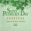 "St. Patrick's Day Festival Lake Sumter Landing" "Sponsored by xfinity" A variety of clovers are scattered along the top. The text is mostly green, with "festival" in gold and the sponsor in black. The background is a light green color.