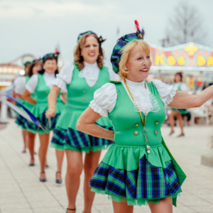 St. Patrick's Day Twirlers dressed up in St. Patrick's day outfits performing at festival