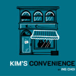 "Kim's Convenience by Ins Choi" The outlines of a two-story building, with the silhouette of a family in the lower window and a sign on the door that reads "Open" in Korean, is set on a teal background.