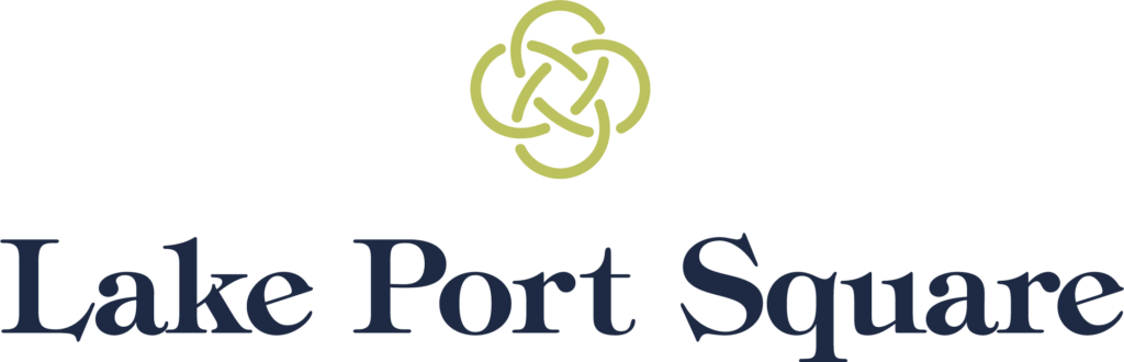 "Lake Port Square " with blue font and green circular decoration