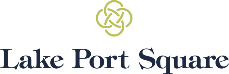 "Lake Port Square " with blue font and green circular decoration