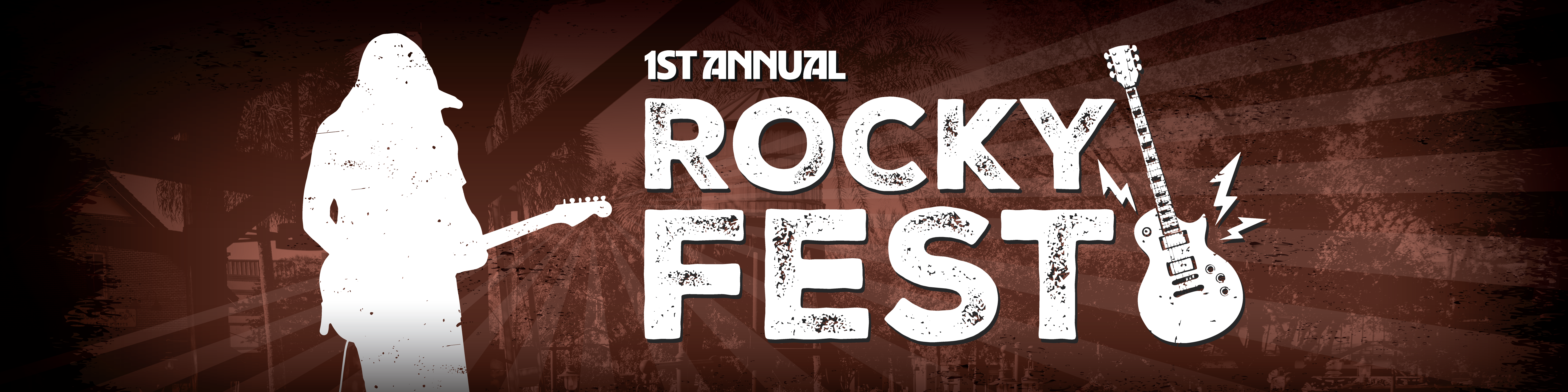 "1st Annual Rocky Fest" Brown background with silhouette of person playing guitar and on the other side there is a guitar and lighting bolt