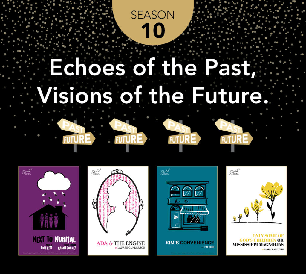 "Season 10: Echoes of the Past, Visions of the Future." Black background with gold dust gradually fades from the top. Arrow signs that read "past" and "future" repeat 4 times across the center. Posters of the 4 shows included in season 10 fill the bottom of the image. "Next to Normal." "Ada & The Engine." Kim's Convenience." "Only Some of God's Children or Mississippi Magnolias."