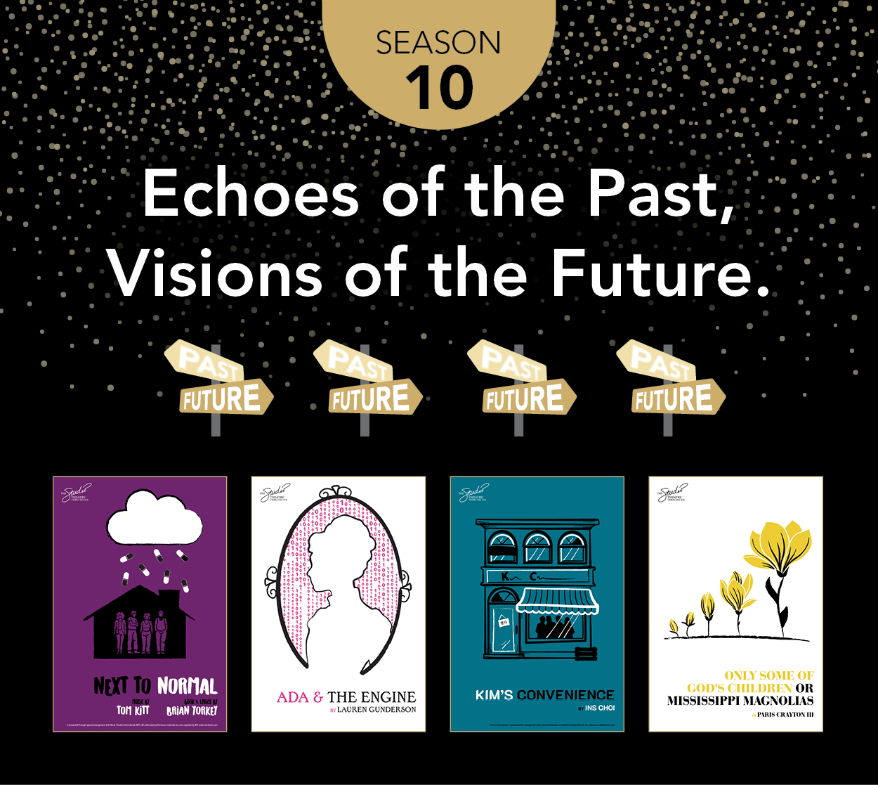 "Season 10: Echoes of the Past, Visions of the Future." Black background with gold dust gradually fades from the top. Arrow signs that read "past" and "future" repeat 4 times across the center. Posters of the 4 shows included in season 10 fill the bottom of the image. "Next to Normal." "Ada & The Engine." Kim's Convenience." "Only Some of God's Children or Mississippi Magnolias."