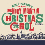 "Dolly Parton's Smoky Mountain Christmas Carol" text in red and green. The title is in a beige sky above a dark blue illustration of a cabin in a wooded and mountainous area.
