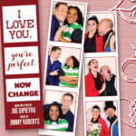 "The Studio Theatre Tierra del Sol" Three photo strips atop a pink background. The photos in the center and right strips contain posing couples. The strip on the left has text rather than photos: "I LOVE YOU." "You're Perfect," "NOW CHANGE" "Books and lyrics by Joe DiPietro. Music by Jimmy Roberts."