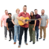 Members of The Brothers Jukebox in a v formation. The lead holds a guitar.