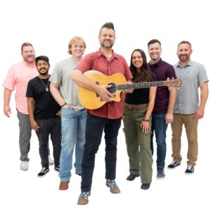 Members of The Brothers Jukebox in a v formation. The lead holds a guitar.