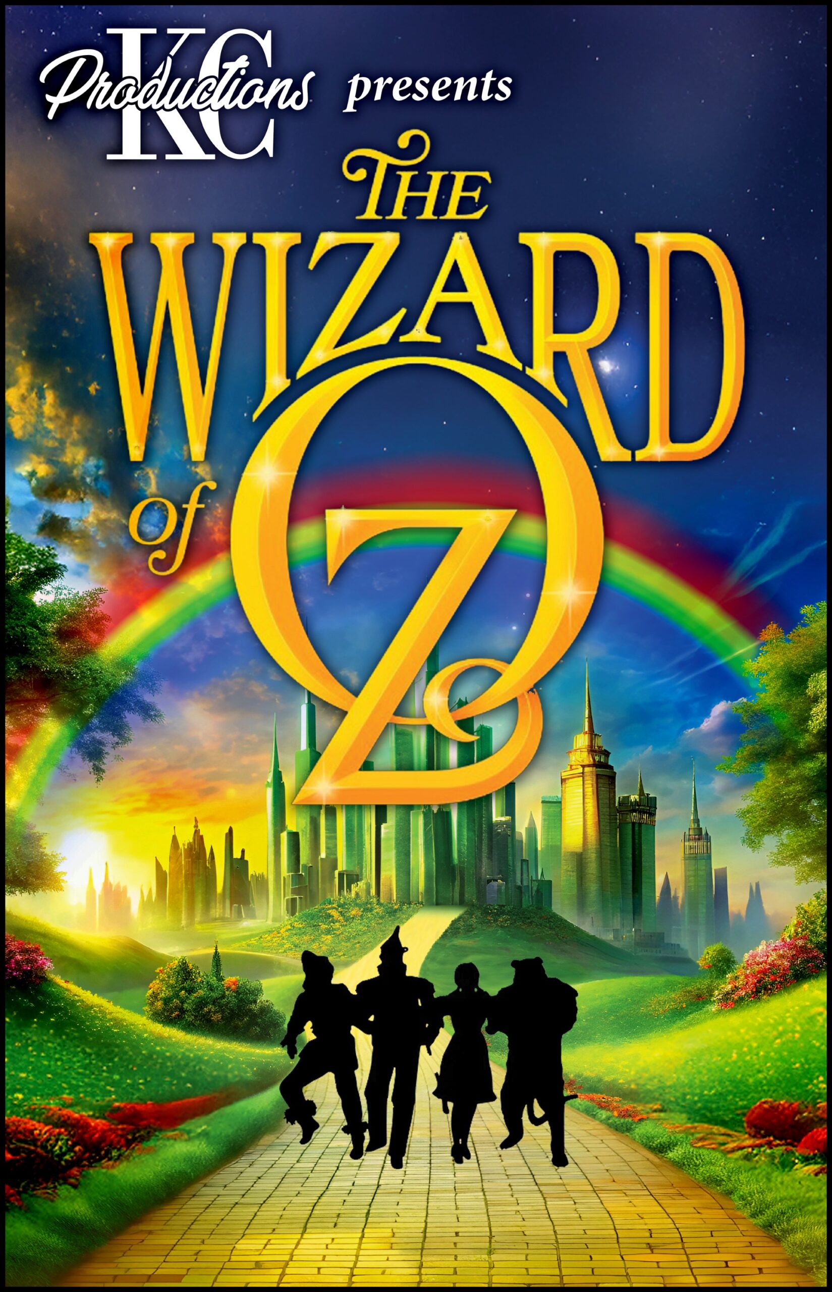 "KC Productions presents The Wizard of Oz" A Rainbow arches over the Emerald City as a group of four (Scarecrow, Tin Man, Dorothy, and Lion) walk arm-in-arm on the yellow brick road.