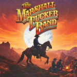 Artwork of a cowboy on horseback against a glowing sunset and full moon, with other cowboys sitting around a campfire in the mountains. At the top, large stylized text reads “The Marshall Tucker Band.”