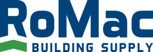 Blue font with a green upward-facing arrow under the R. "RoMac Building Supply"