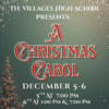 Promotional image for The Villages High School Presents: A Christmas Carol, December 5–6. The background features softly falling snow against a greenish sky with a small Christmas tree decorated with red ornaments in the lower left corner. The title “A Christmas Carol” is displayed in ornate red and white lettering.