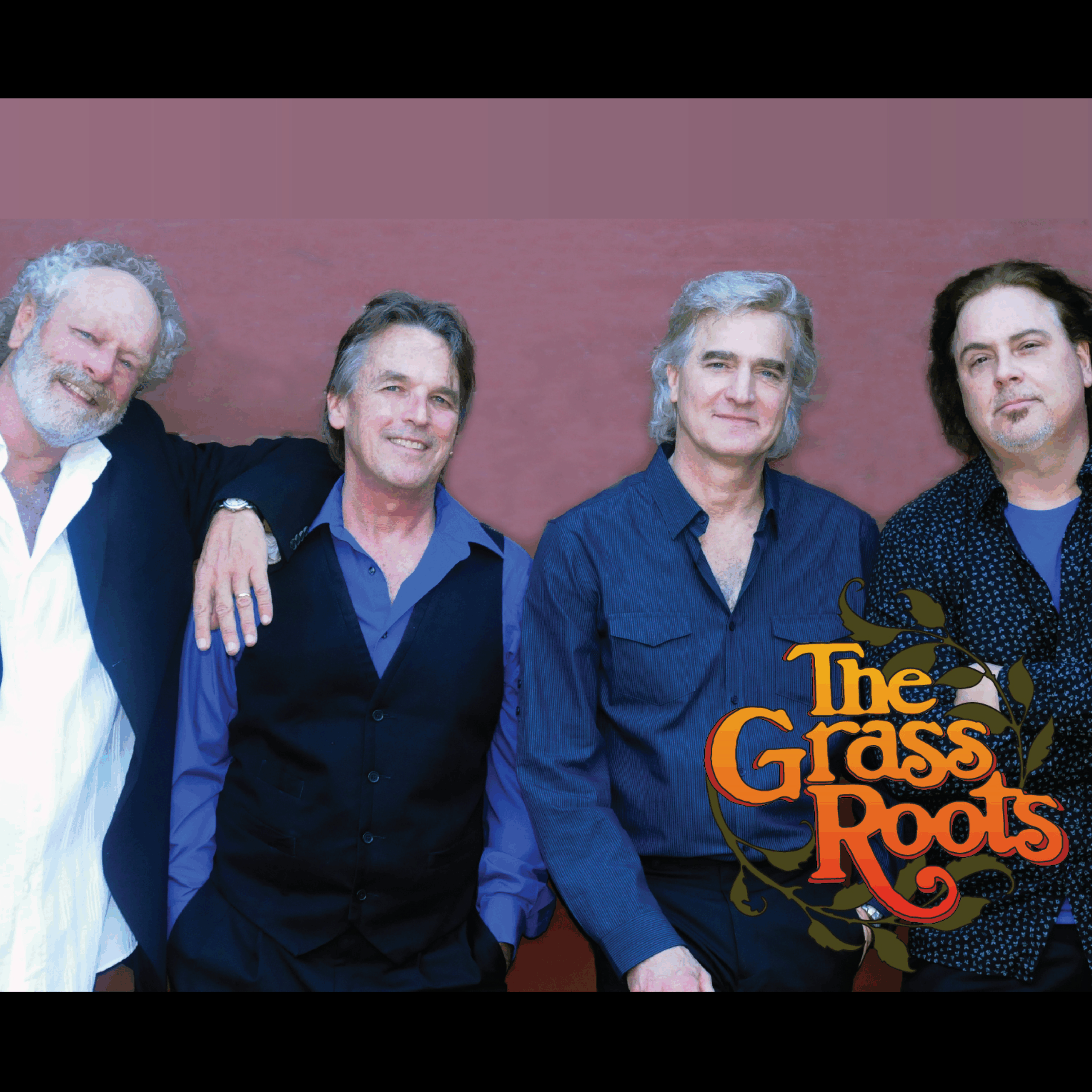 The Grass Roots 4-piece band poses in front of a mauve wall. The band logo, with orange text and olive-colored leave surrounding it, is displayed at the bottom right.
