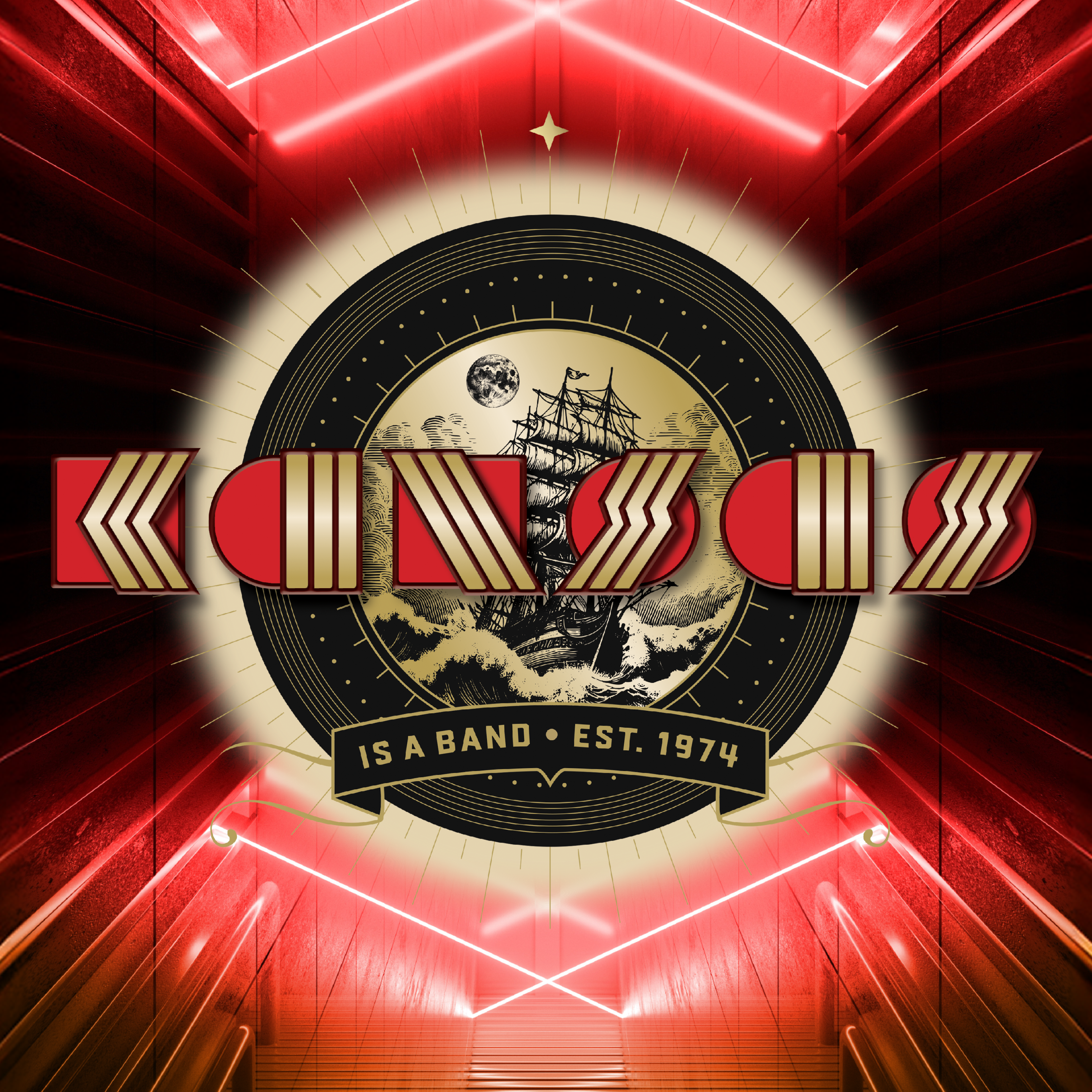 Artwork for the band Kansas, featuring their name in bold red and gold geometric lettering over an illustration of a sailing ship and full moon. Text reads “Kansas is a band – Est. 1974.” The background glows with red and gold lighting.