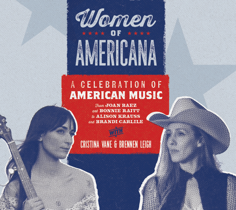 Women of Americana title with two country-western women facing each other. One with cowgirl hat and other with guitar.