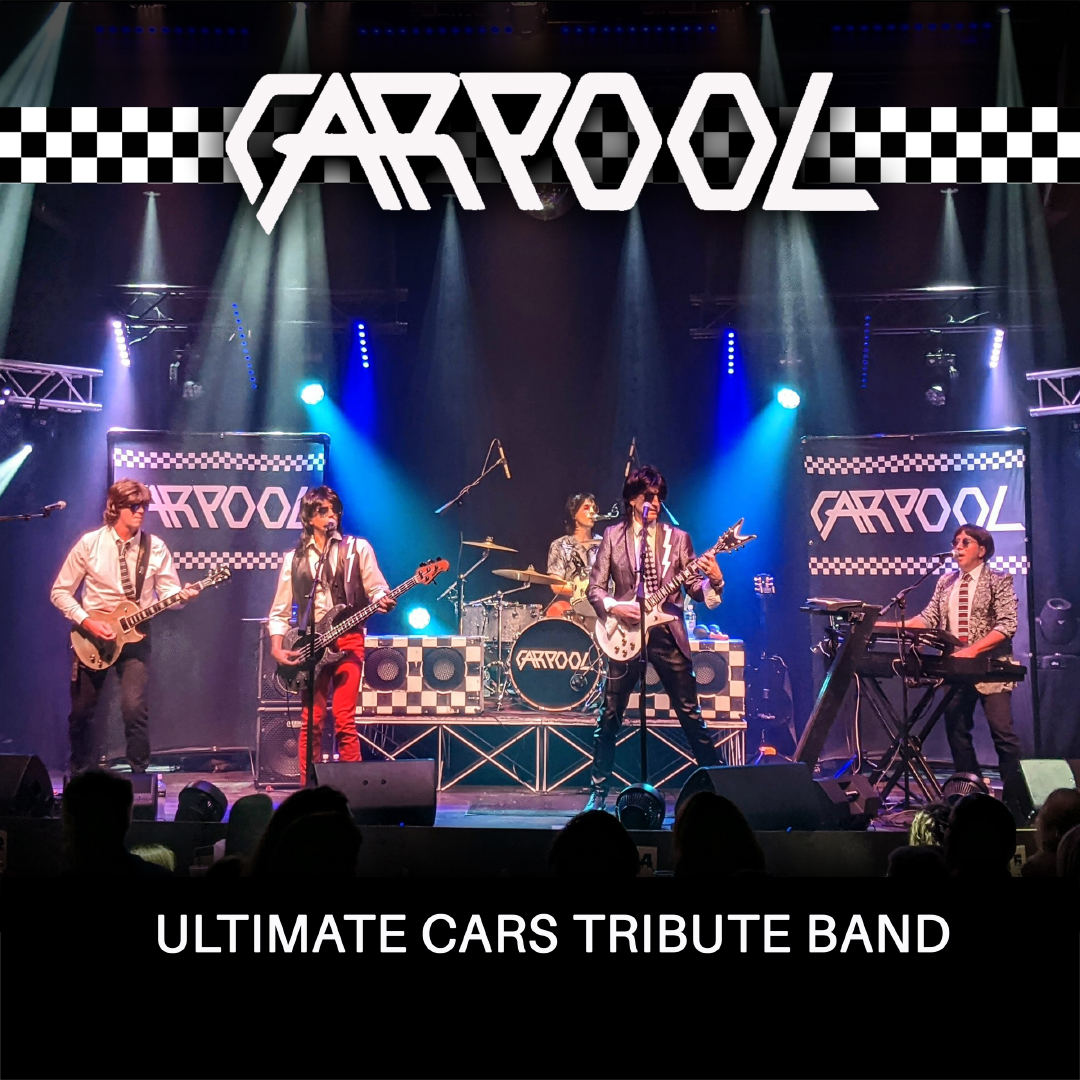 Photo of the band rocking out on stage under colorful stage lights. The title "Carpool, The Ultimate Cars Tribute Band" is written on the image.