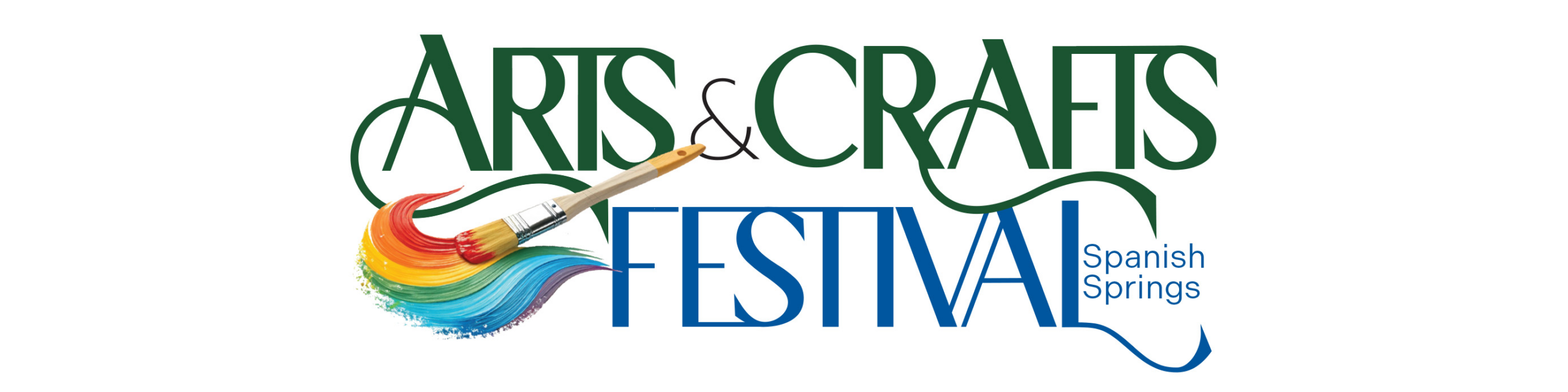 "Arts & Crafts Festival - Spanish Springs." "Arts" and "Crafts" are in green text above "Festival" in blue text. The words are intersected by a paintbrush with rainbow paint. The location is mentioned in blue text next to the word "Festival."