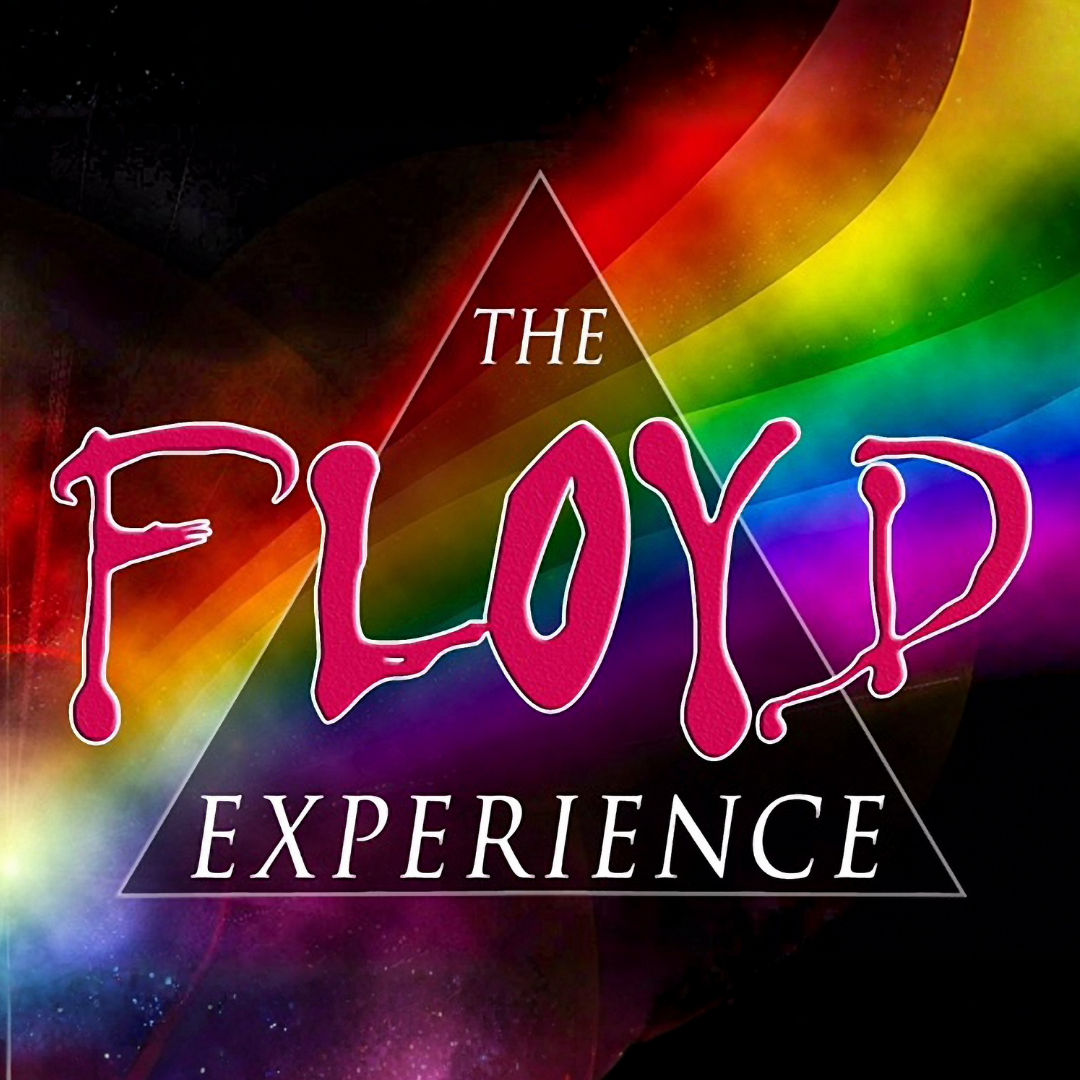 "The Floyd Experience" logo over top a triangle with a rainbow overlay on a black background.