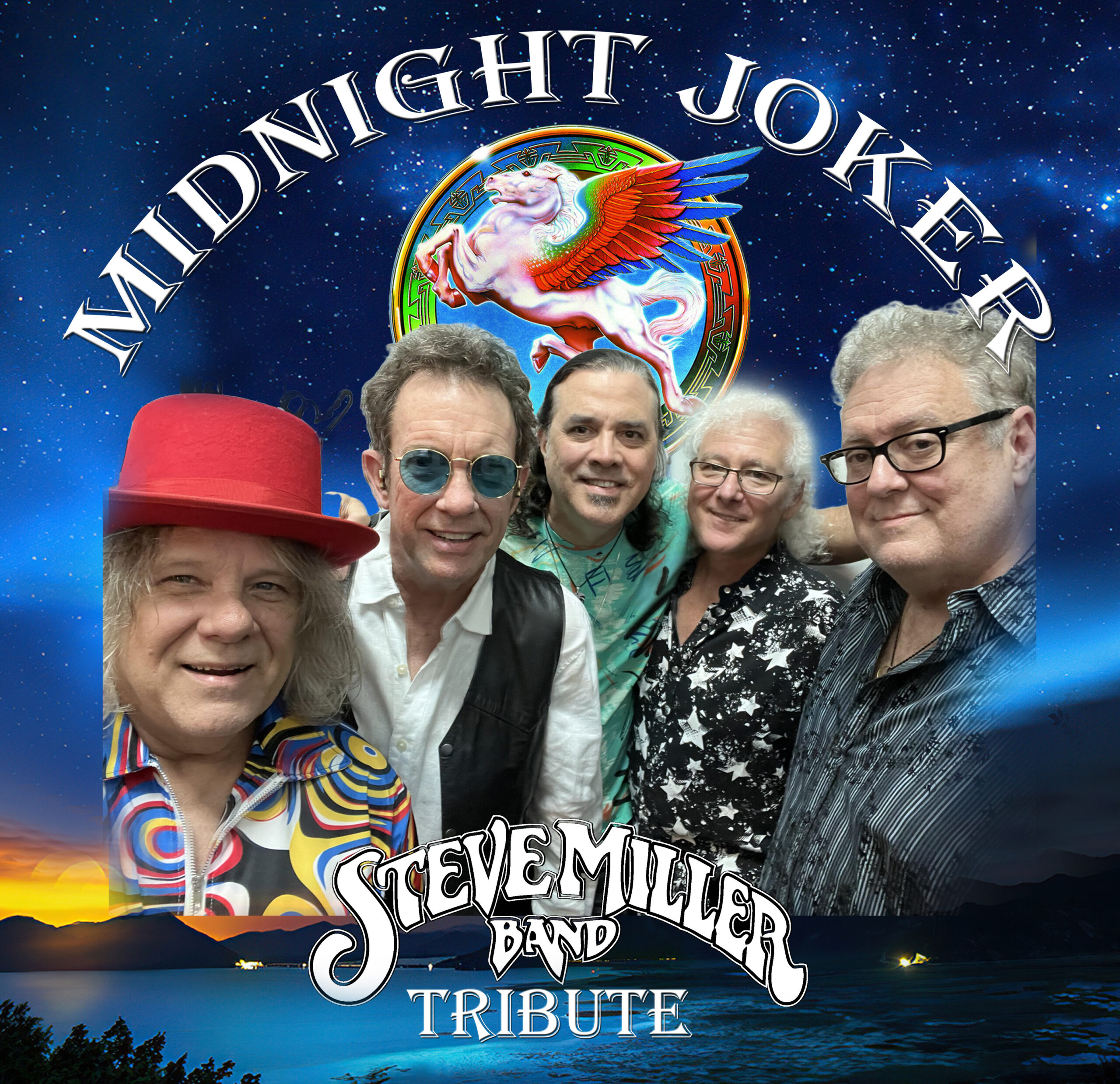 Promotional image for Midnight Joker, featuring the band members in front of a unicorn with rainbow wings and a sunset over the water.