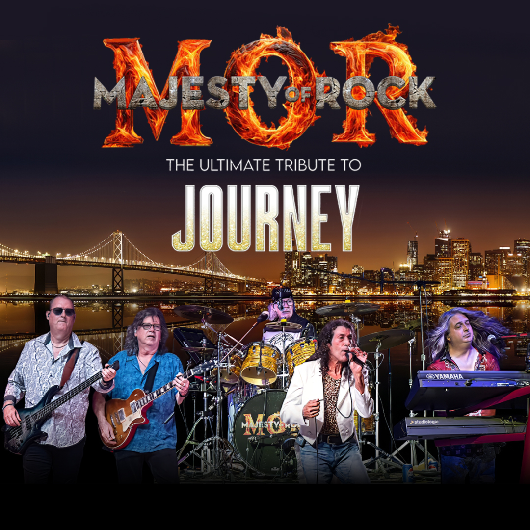 Picture of the band overlaying a city landscape. The title "Majesty Of Rock" is overlaying the letters MOR on fire. "The Ultimate Tribute To Journey" is written in the middle.
