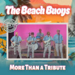 Photo of the band playing instruments on stage wearing matching striped shirts. They're in front of a pink background. The image of the band is inside of a rectangle surrounded by a colorful beach background.