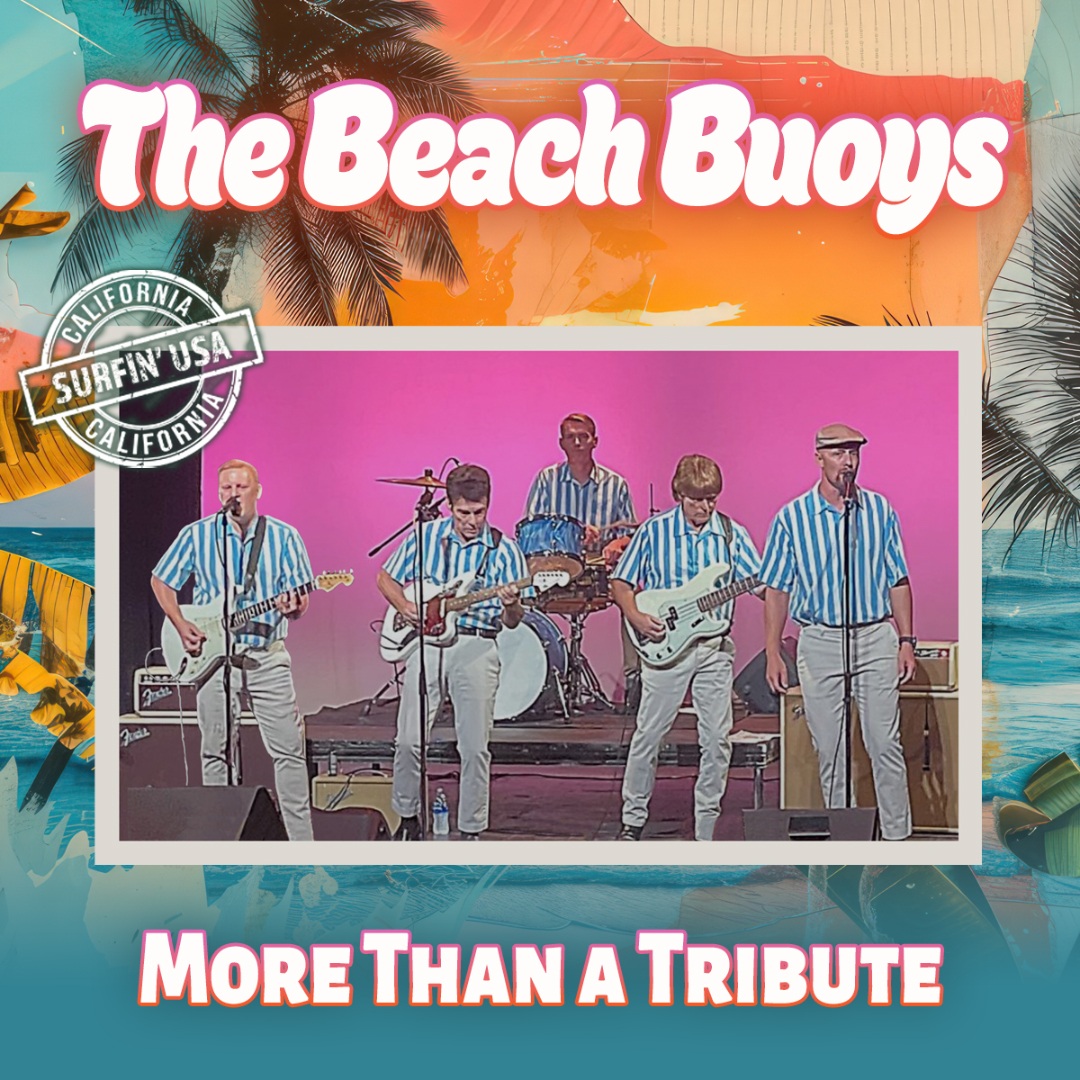 Photo of the band playing instruments on stage wearing matching striped shirts. They're in front of a pink background. The image of the band is inside of a rectangle surrounded by a colorful beach background.
