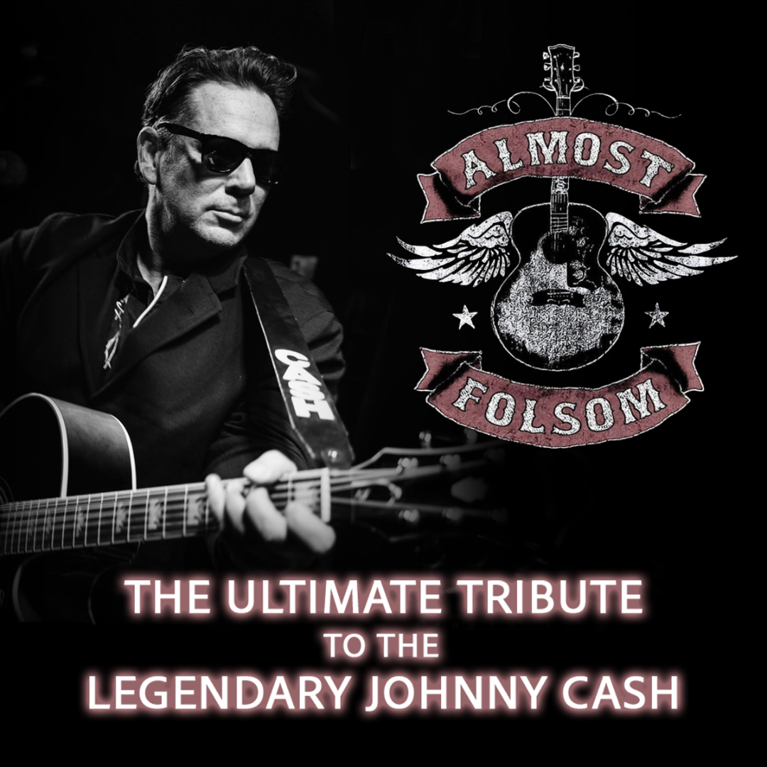 The left side shows a black‑and‑white performance photo of a musician holding and playing an acoustic guitar, wearing dark stage clothing against a black background. On the right is a distressed emblem featuring a guitar with wings and a banner reading “Almost Folsom.” At the bottom, bold glowing text reads “The Ultimate Tribute to the Legendary Johnny Cash.” The overall design is dramatic and minimal, with high contrast and a classic country‑music aesthetic.