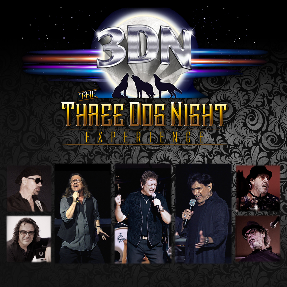 The design features a dark, ornate patterned background with a glowing full moon at the top. Large metallic letters read “3DN,” with silhouettes of three wolves howling in front of the moon. Below, stylized gold text reads “The Three Dog Night Experience.” Along the bottom is a horizontal row of performance photos showing multiple musicians on stage holding microphones and instruments under concert lighting. The overall look combines classic rock imagery with a dramatic nighttime theme.