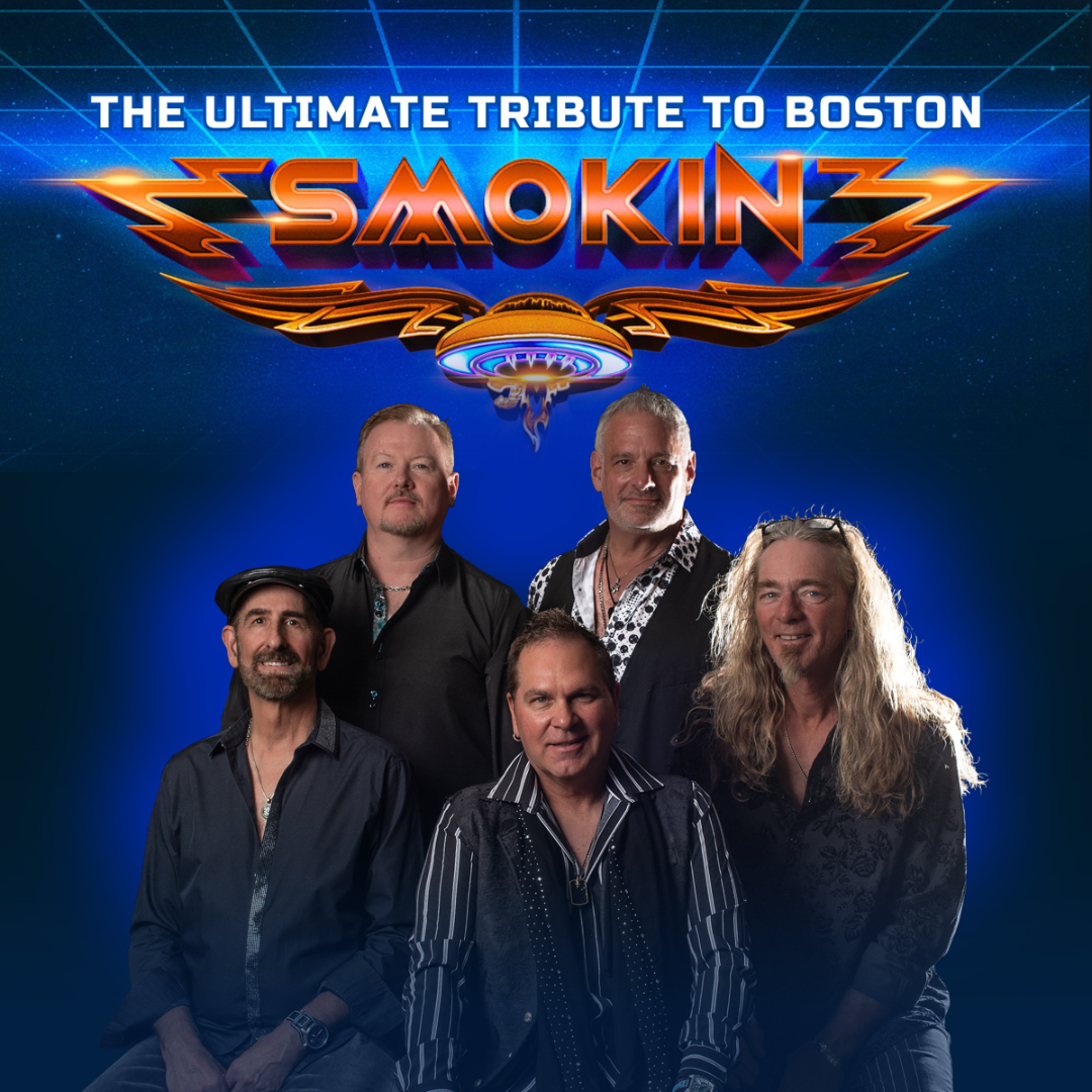 Five band members are posed together against a deep blue background, speckled to look like outer space. At the top, bold white text reads “The Ultimate Tribute to Boston” with a neon blue grid behind the letters. Below it is a large, stylized “Smokin’” logo with orange spiked shapes around the text and a UFO below. The performers wear dark, rock‑inspired clothing.