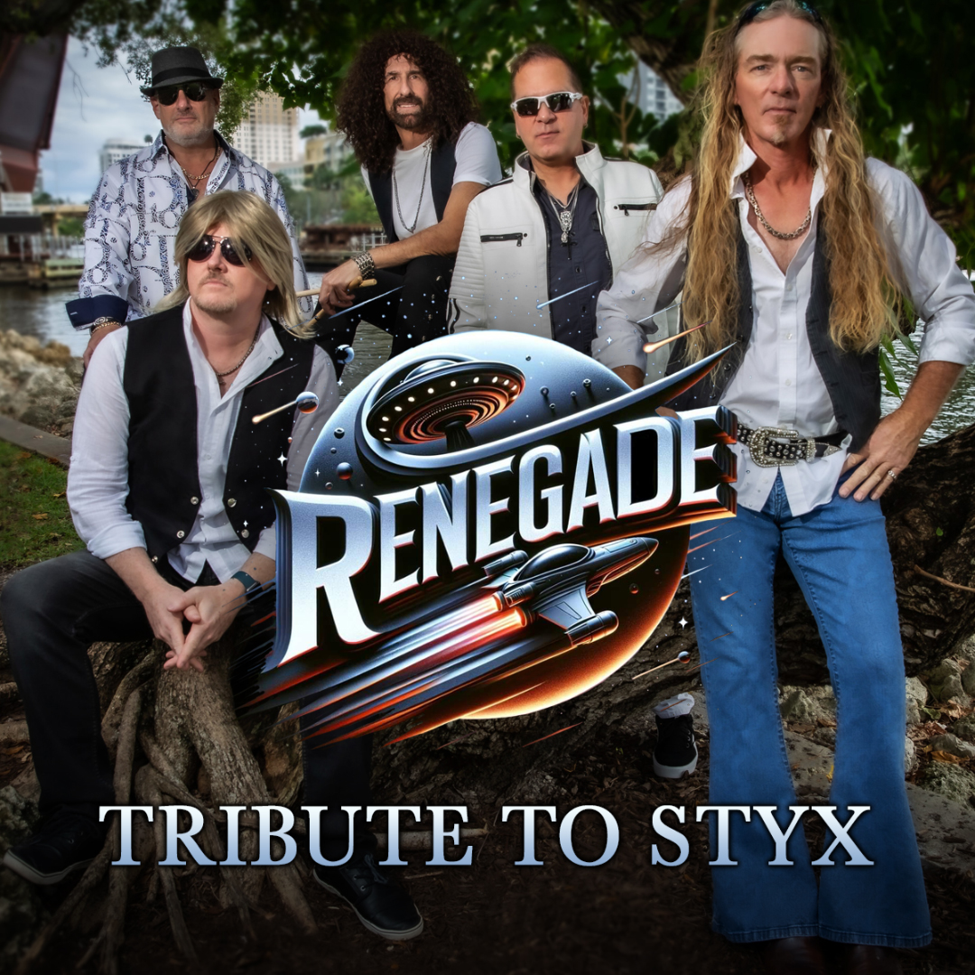 Five band members pose outdoors near trees and water, wearing casual rock‑style clothing including vests, button‑down shirts, jeans, and boots. A large, futuristic logo reading “Renegade” with a metallic, spaceship‑inspired design appears at the center of the image. At the bottom, bold text reads “Tribute to Styx.”
