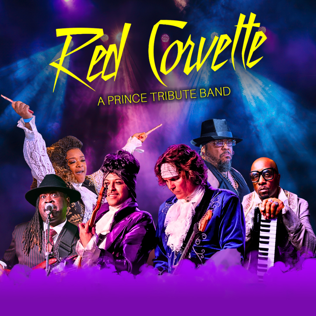 Six performers stand side by side on a stage under dramatic purple and blue lighting, wearing ornate, vintage‑inspired stage costumes and holding musical instruments including a guitar and a keyboard. Stylized yellow script text at the top reads “Red Corvette,” with smaller text below that reads “A Prince Tribute Band.” Purple fog fills the lower portion of the image, creating a theatrical concert atmosphere.