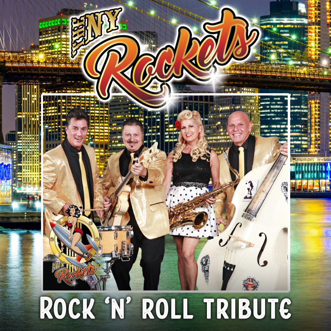 The background shows a nighttime city skyline with illuminated skyscrapers and a suspension bridge reflected on water. In the foreground, a rock‑and‑roll band poses together, with three males wearing matching gold jackets and black attire and one female wearing a black lace top and a white skirt with black polka dots. Visible instruments include a snare drum, electric guitar, saxophone, and an upright bass. At the top, stylized script text reads “The NY Rockets.” At the bottom, bold white lettering reads “Rock ’N’ Roll Tribute.” A small illustrated pin‑up style graphic appears near the lower left, reinforcing a retro rock‑and‑roll theme. The overall design evokes a high‑energy, vintage rock tribute concert aesthetic.