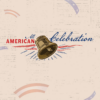“All American Celebration” in red and blue text with a vintage-style Liberty Bell illustration in the center, accented by red and blue patriotic lines on a textured beige background with American flag inspired steamers.