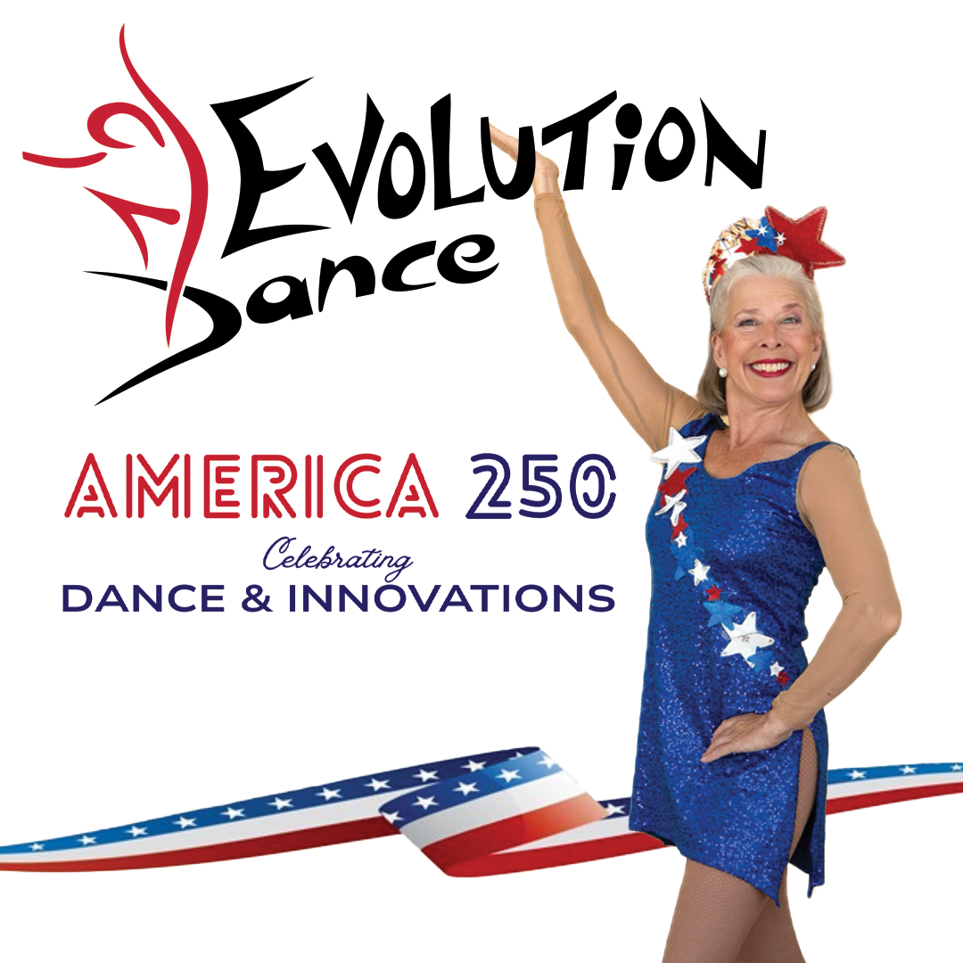 Promotional poster for "America 250: Celebrating Dance & Innovations." A performer is seen wearing a blue dress with a red, white, and blue star sash and crown.