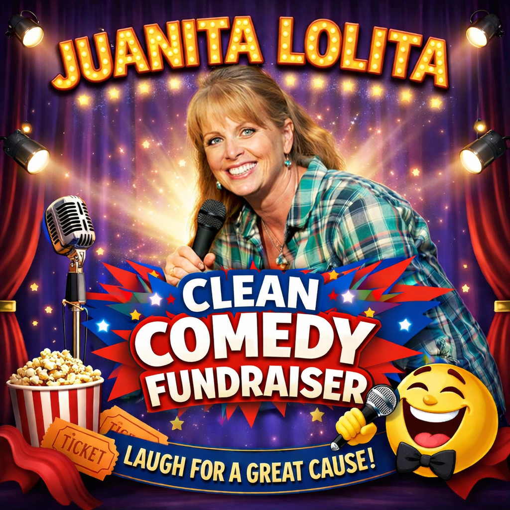 A woman is smiling into a microphone with spotlights shining on her. Written on the image is "Juanita Lolita, Clean Comedy Fundraiser, Laugh For A Great Cause."