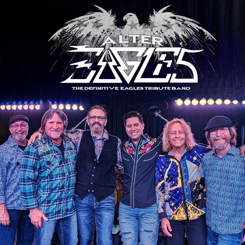 Photo of 6 group members on a stage with a string of lights behind them. The title "Alter Eagles - The Definitive Eagles Tribute Band" is written at the top.