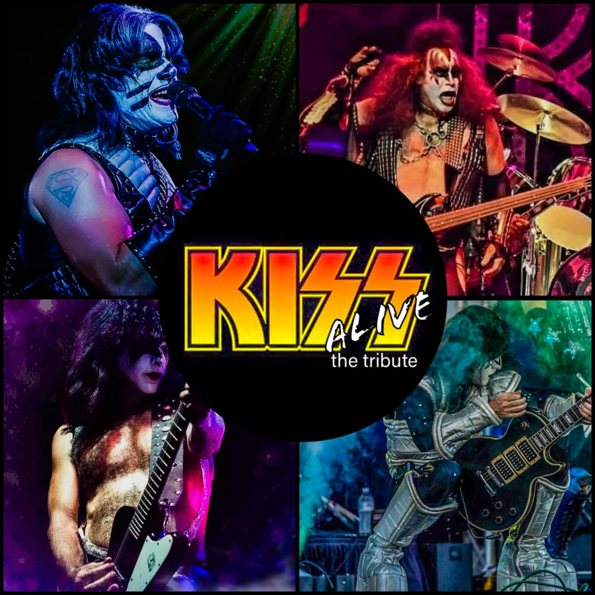 The design is divided into four quadrants, each showing a live stage performance with dramatic colored lighting. In the top left, a performer sings into a microphone wearing black‑and‑white face paint and studded stage attire. In the top right, a performer in similar theatrical stage makeup plays a bass guitar in front of a drum kit. In the bottom left, a shirtless performer with long, black hair plays an electric guitar while wearing white stage makeup with a black lips and a star over the eye. In the bottom right, another guitarist performs in metallic stage costume under blue lighting. At the center is a black circle with yellow and red text reading “KISS Alive,” with smaller text below that reads “the tribute.”