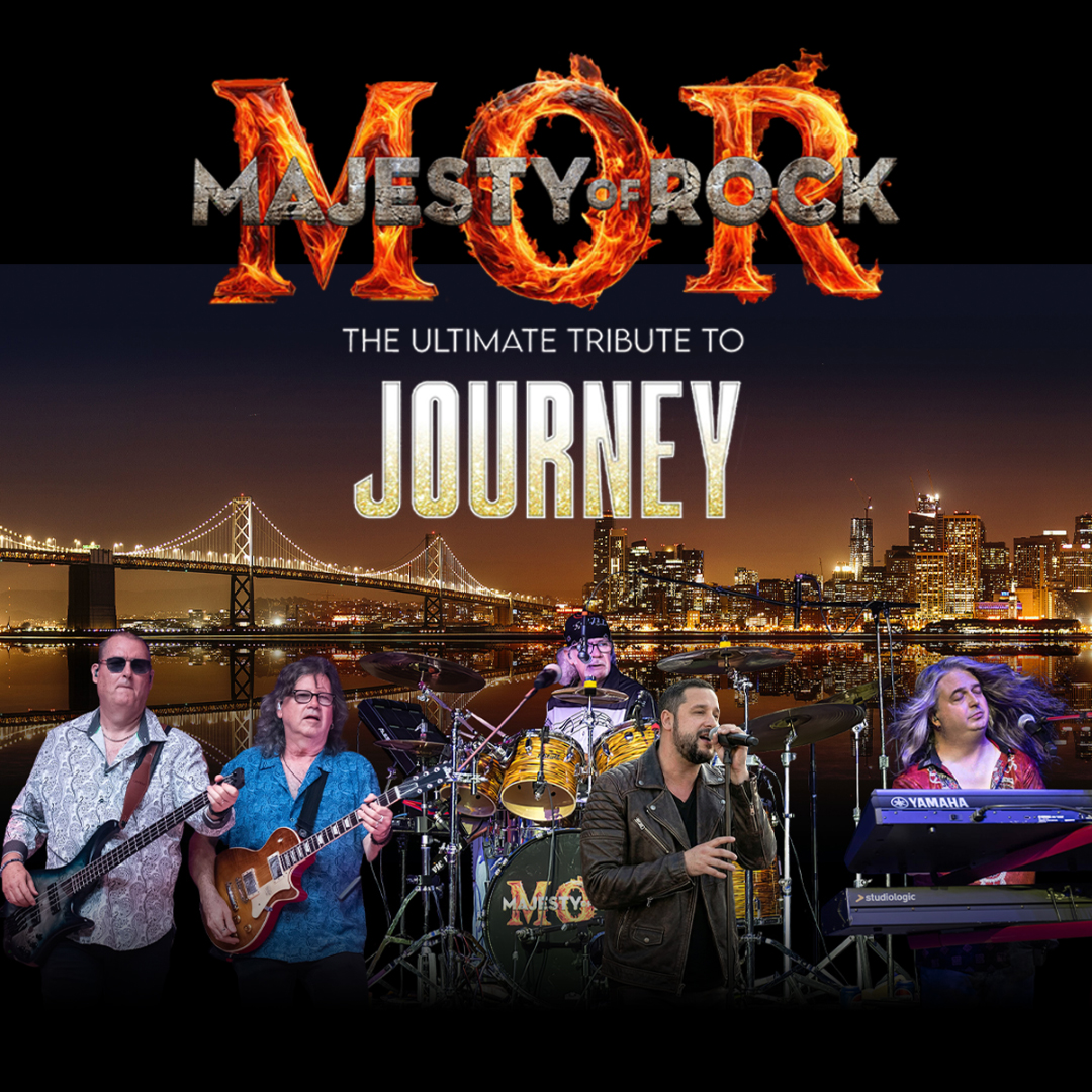 Picture of the band overlaying a city landscape. The title "Majesty Of Rock" is overlaying the letters MOR on fire. "The Ultimate Tribute To Journey" is written in the middle.