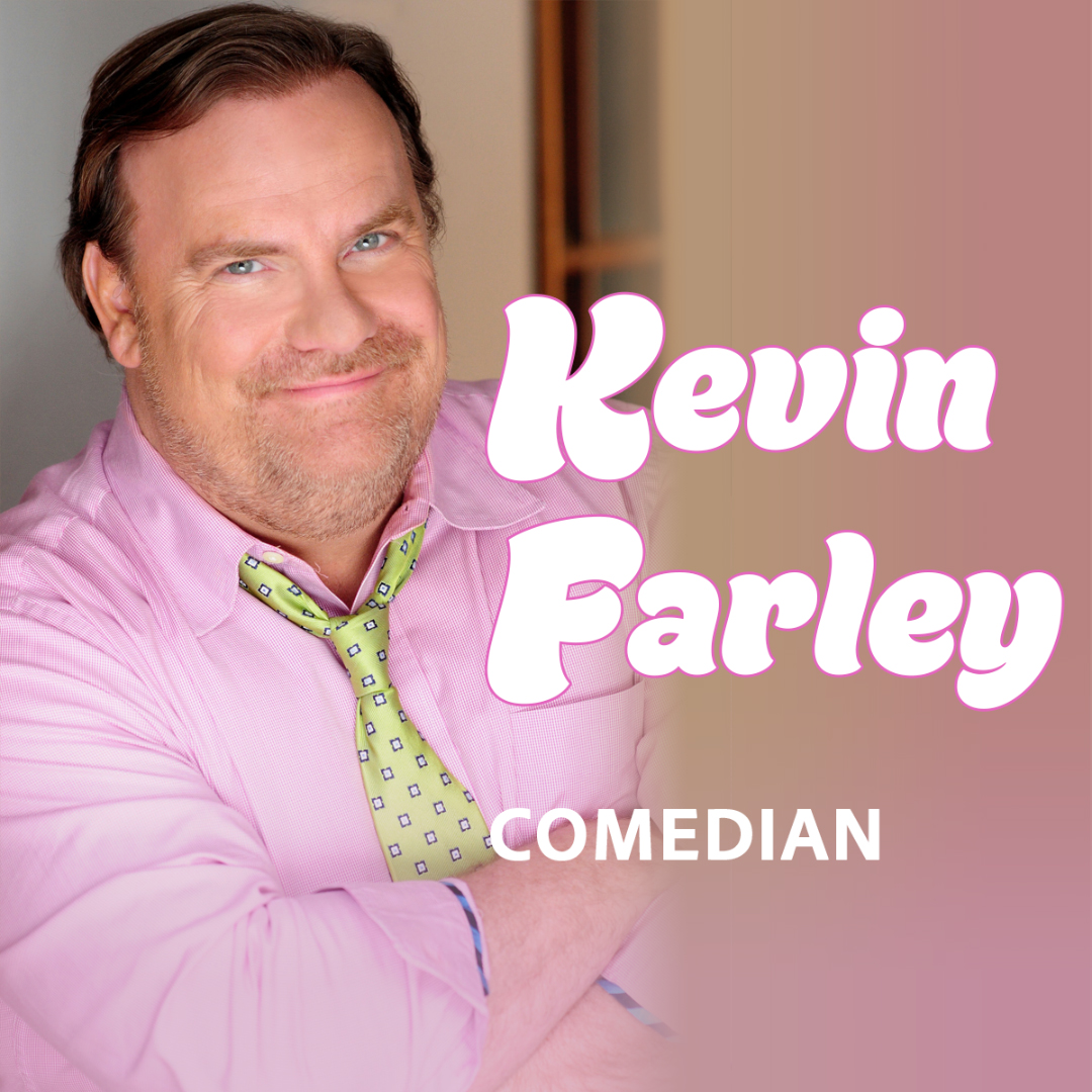 Picture of Kevin Farley wearing a pink shirt and green polka dot tie. His name and "comedian" are written on the right side of the image.