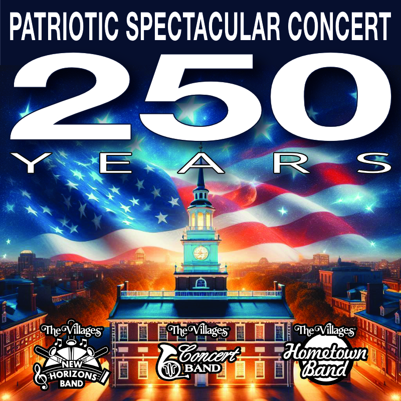 Promotional poster for "Patriotic Spectacular Concert." An American flag overlays the image of Independence Hall with the title at the top and "celebrating 250 years."