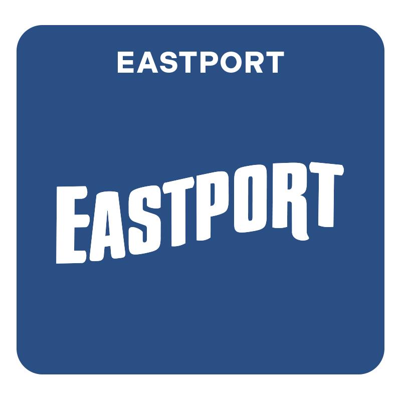 Blue rounded button with white text reading “EASTPORT” at the top and larger curved “Eastport” centered.